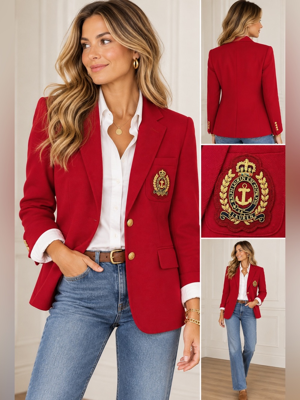 NWT Lauren Ralph Lauren Red Crest Blazer Gold Buttons 14W Vintage USA